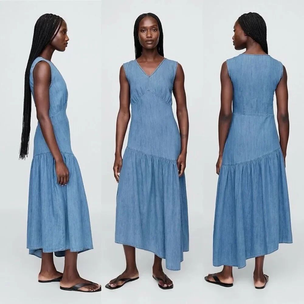 GAP NWT Chambray Denim Asymmetrical Midi Dress V-Neck Blue L Coastal Prairie - Picture 7 of 16